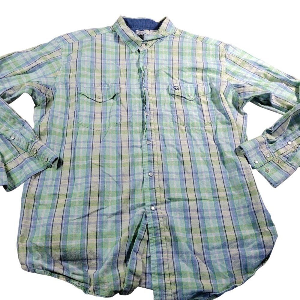 Cowboy Hardware Western Shirt Mens 2XL Blue Green Pearl Snap Ranch Cowboy Plaid